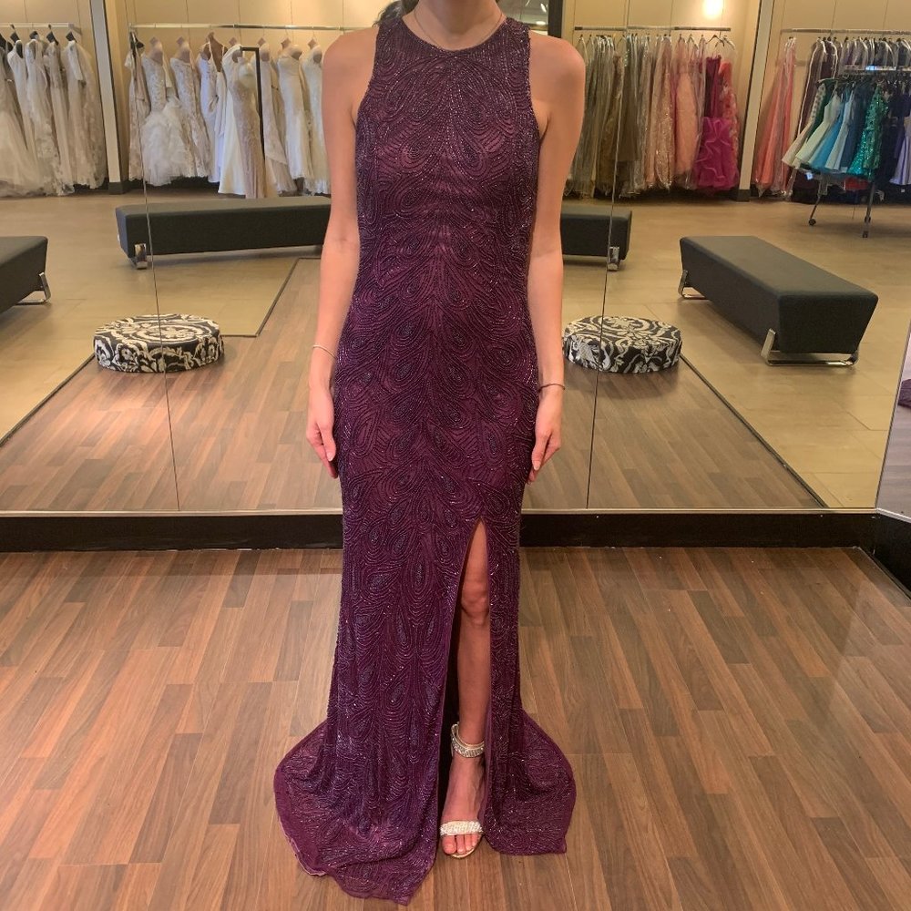 Plum high collar fully beaded dress with low back